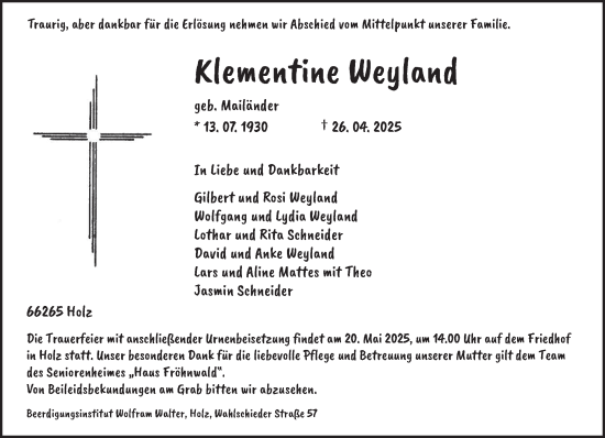 Todesanzeige von Klementine Weyland von saarbruecker_zeitung