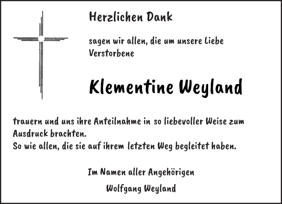 Todesanzeige von Klementine Weyland von saarbruecker_zeitung