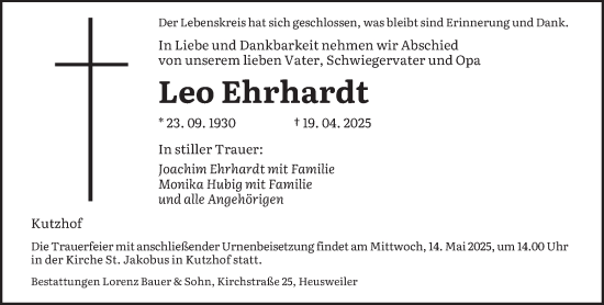 Todesanzeige von Leo Ehrhardt von saarbruecker_zeitung