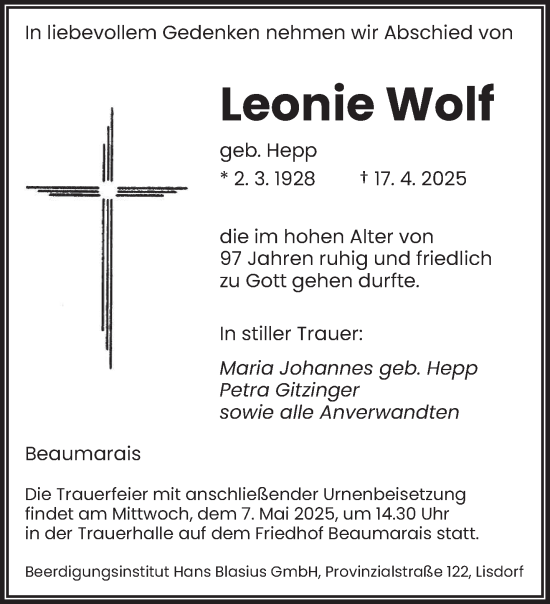 Todesanzeige von Leonie Wolf von saarbruecker_zeitung