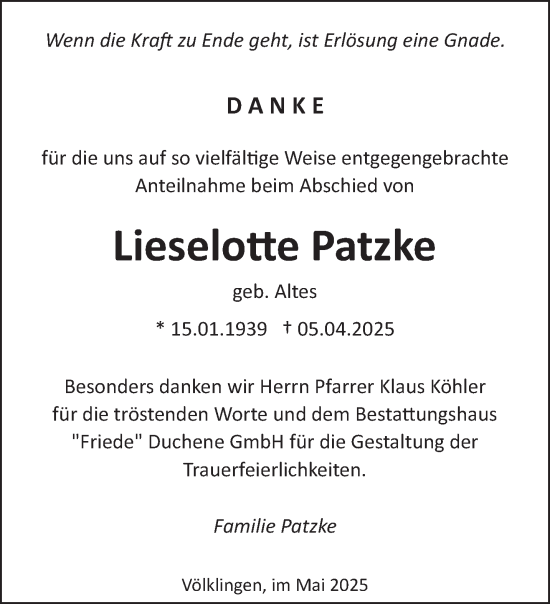 Todesanzeige von Lieselotte Patzke von saarbruecker_zeitung