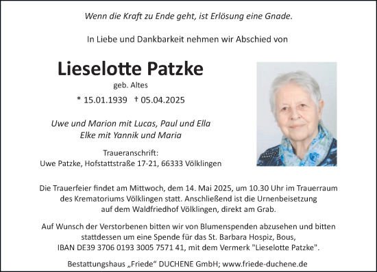 Todesanzeige von Lieselotte Patzke von saarbruecker_zeitung
