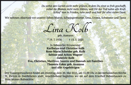 Todesanzeige von Lina Kolb von saarbruecker_zeitung
