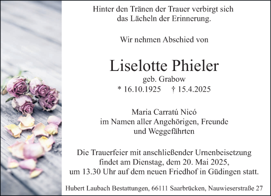 Todesanzeige von Liselotte Phieler von saarbruecker_zeitung