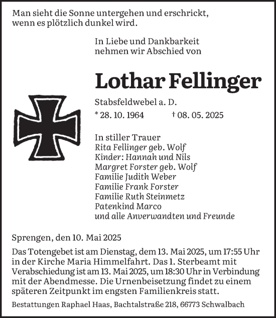 Todesanzeige von Lothar Fellinger von saarbruecker_zeitung