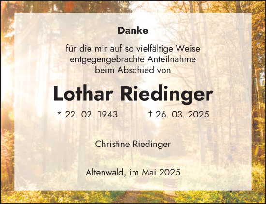 Todesanzeige von Lothar Riedinger von saarbruecker_zeitung