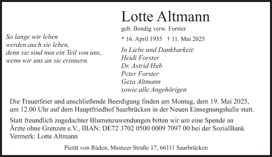Todesanzeige von Lotte Altmann von saarbruecker_zeitung