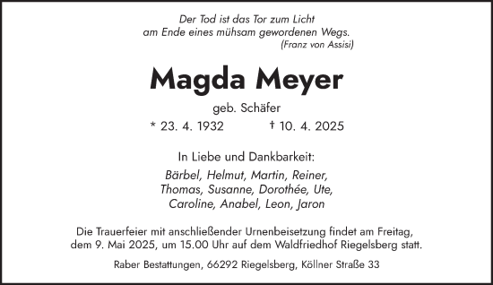 Todesanzeige von Magda Meyer von saarbruecker_zeitung