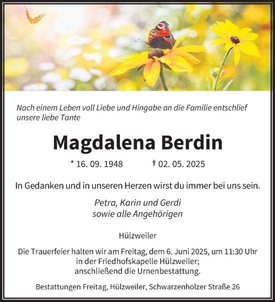 Todesanzeige von Magdalena Berdin von saarbruecker_zeitung