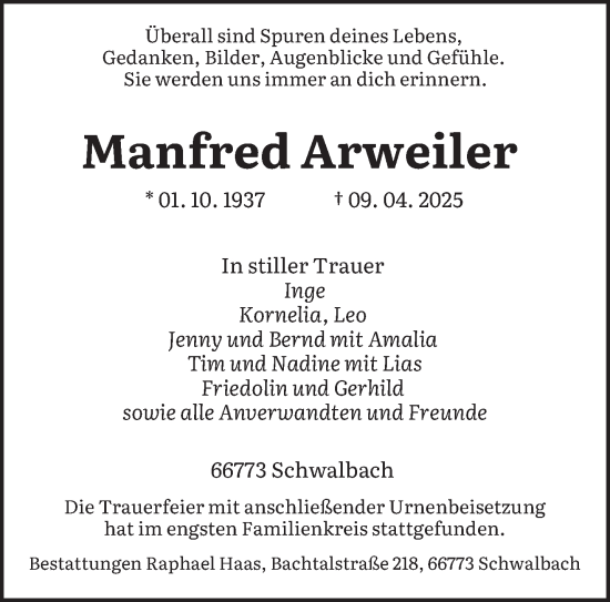 Todesanzeige von Manfred Arweiler von saarbruecker_zeitung