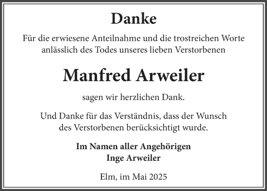 Todesanzeige von Manfred Arweiler von saarbruecker_zeitung