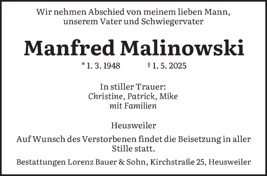 Todesanzeige von Manfred Malinowski von saarbruecker_zeitung