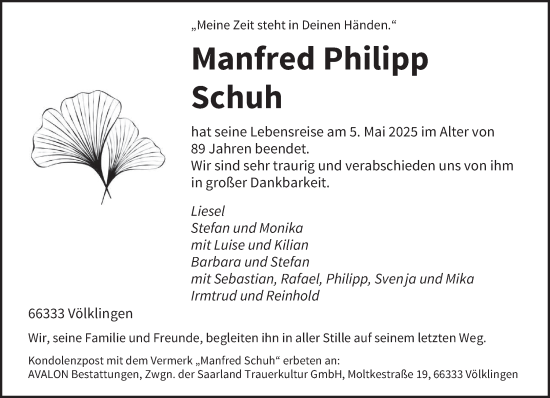 Todesanzeige von Manfred Philipp Schuh von saarbruecker_zeitung