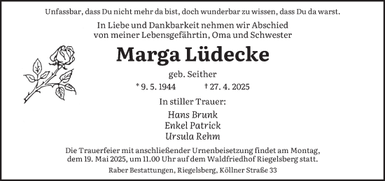 Todesanzeige von Marga Lüdecke von saarbruecker_zeitung