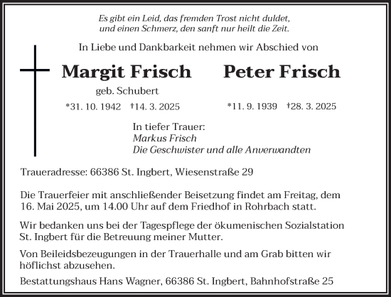Todesanzeige von Margit und Peter Frisch von saarbruecker_zeitung