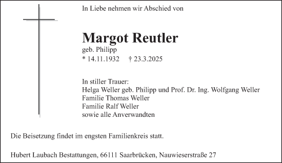 Todesanzeige von Margot Reutler von saarbruecker_zeitung