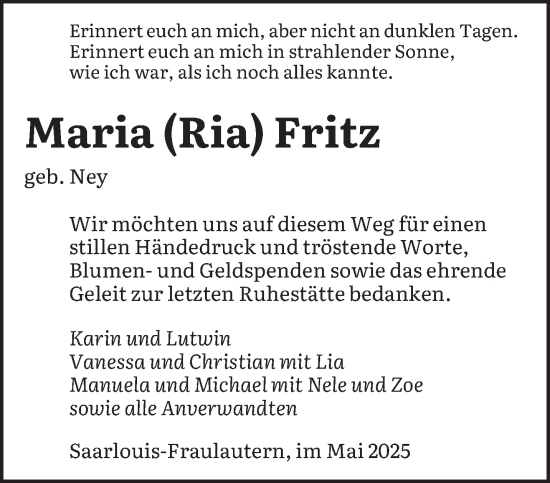 Todesanzeige von Maria Fritz von saarbruecker_zeitung