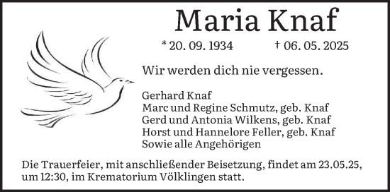 Todesanzeige von Maria Knaf von saarbruecker_zeitung