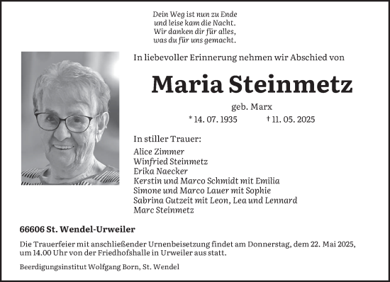 Todesanzeige von Maria Steinmetz von saarbruecker_zeitung