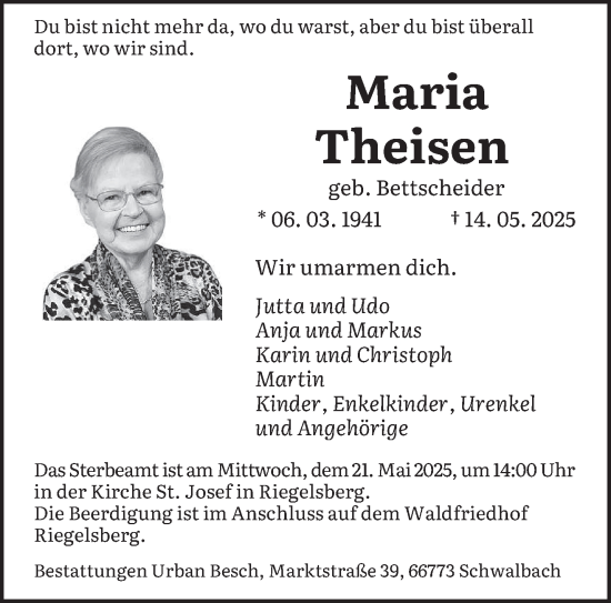 Todesanzeige von Maria Theisen von saarbruecker_zeitung