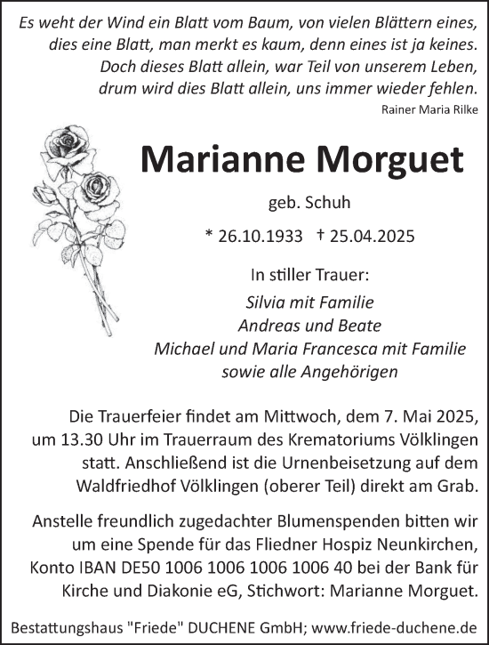 Todesanzeige von Marianne Morguet von saarbruecker_zeitung