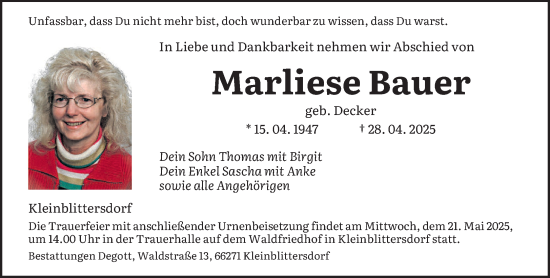 Todesanzeige von Marliese Bauer von saarbruecker_zeitung