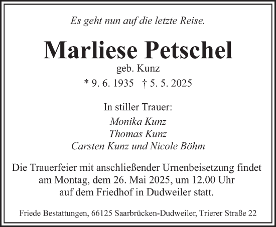 Todesanzeige von Marliese Petschel von saarbruecker_zeitung