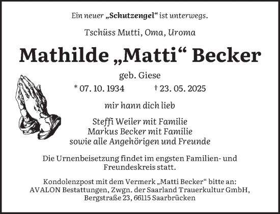 Todesanzeige von Mathilde Becker von saarbruecker_zeitung