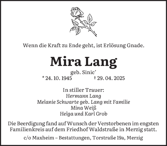 Todesanzeige von Mira Lang von saarbruecker_zeitung