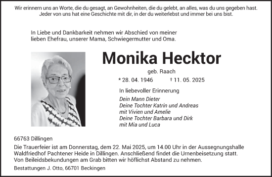Todesanzeige von Monika Hecktor von saarbruecker_zeitung