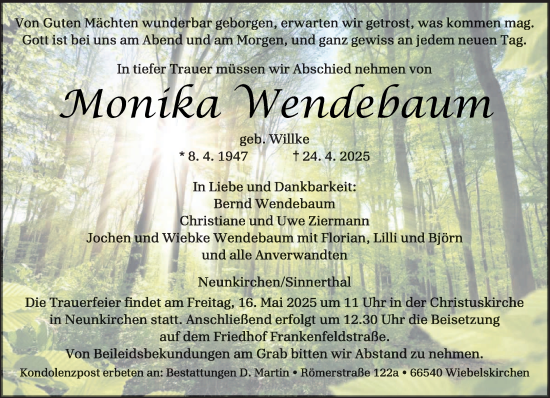Todesanzeige von Monika Wendebaum von saarbruecker_zeitung