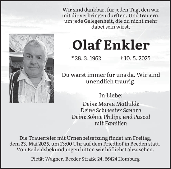 Todesanzeige von Olaf Enkler von saarbruecker_zeitung