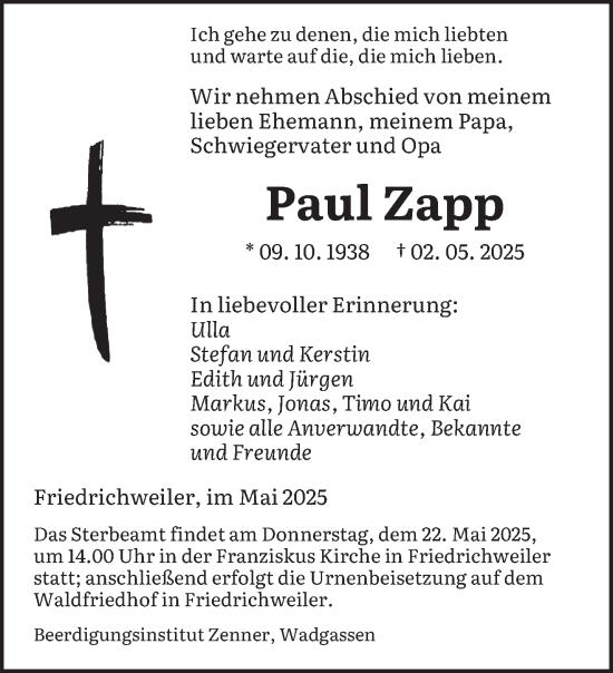 Todesanzeige von Paul Zapp von saarbruecker_zeitung