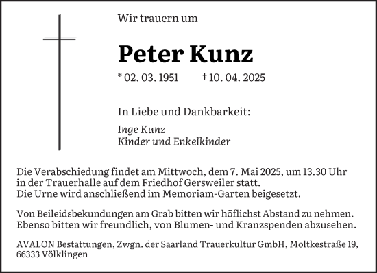 Todesanzeige von Peter Kunz von saarbruecker_zeitung