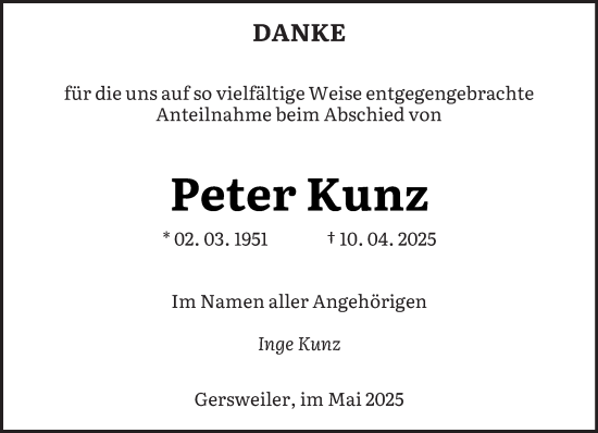 Todesanzeige von Peter Kunz von saarbruecker_zeitung