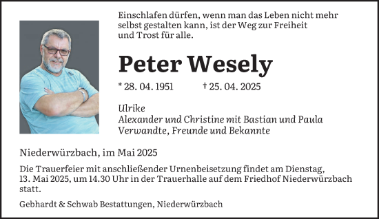 Todesanzeige von Peter Wesely von saarbruecker_zeitung