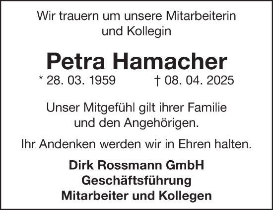 Todesanzeige von Petra Hamacher von saarbruecker_zeitung