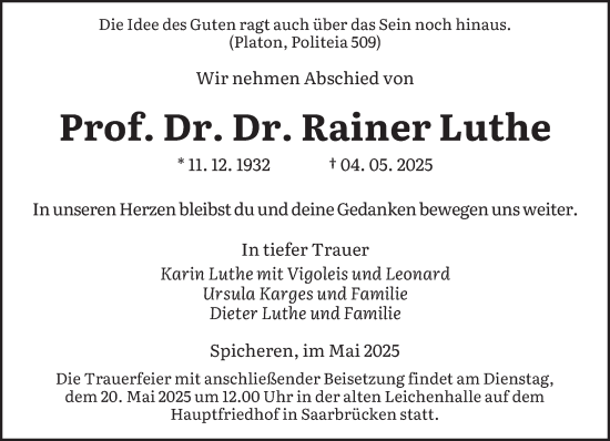 Todesanzeige von Rainer Luthe von saarbruecker_zeitung