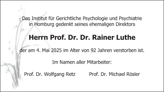 Todesanzeige von Rainer Luthe von saarbruecker_zeitung