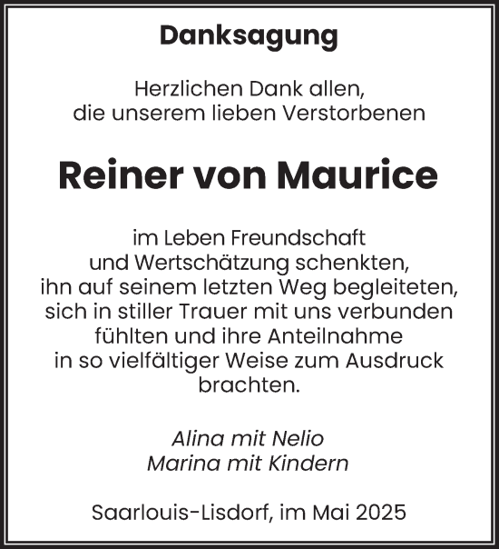 Todesanzeige von Reiner von Maurice von saarbruecker_zeitung