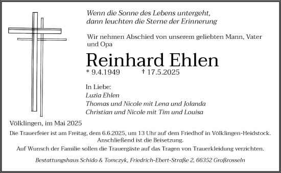 Todesanzeige von Reinhard Ehlen von saarbruecker_zeitung