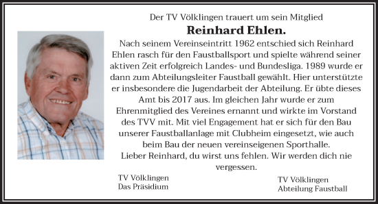 Todesanzeige von Reinhard Ehlen von saarbruecker_zeitung