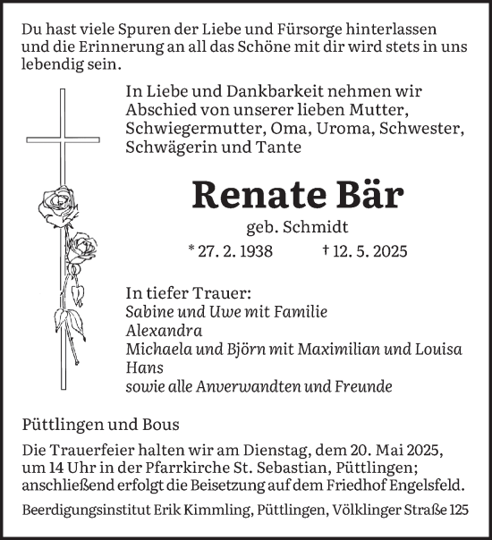 Todesanzeige von Renate Bär von saarbruecker_zeitung
