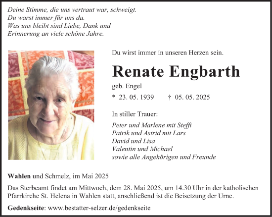 Todesanzeige von Renate Engbarth von saarbruecker_zeitung