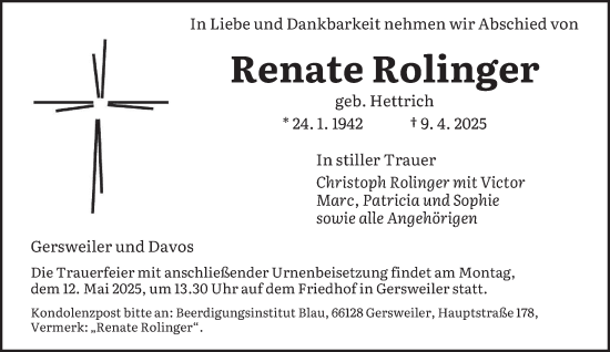 Todesanzeige von Renate Rolinger von saarbruecker_zeitung