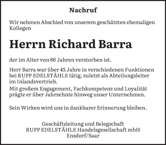 Todesanzeige von Richard Barra von saarbruecker_zeitung