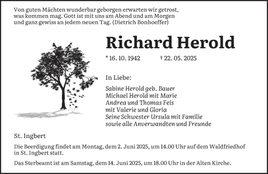 Todesanzeige von Richard Herold von saarbruecker_zeitung