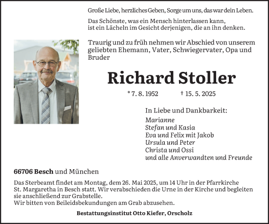 Todesanzeige von Richard Stoller von saarbruecker_zeitung