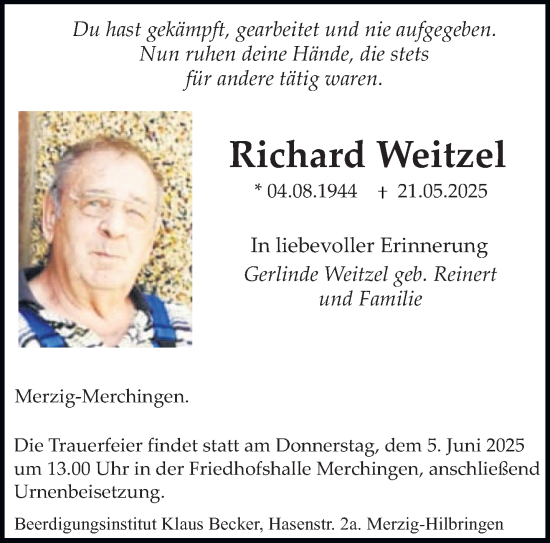 Todesanzeige von Richard Weitzel von saarbruecker_zeitung
