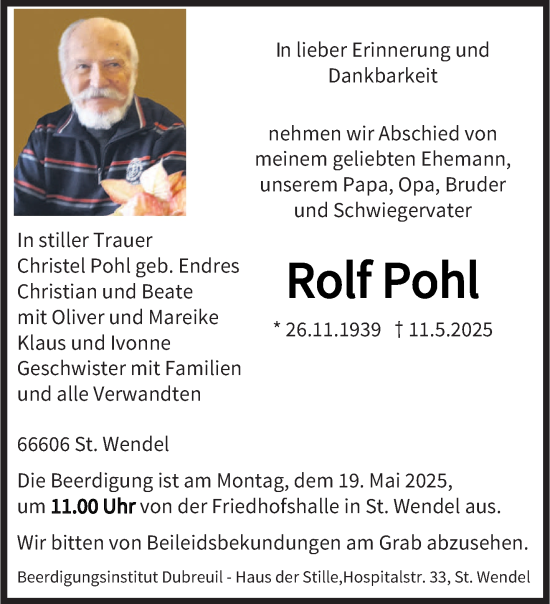 Todesanzeige von Rolf Pohl von saarbruecker_zeitung